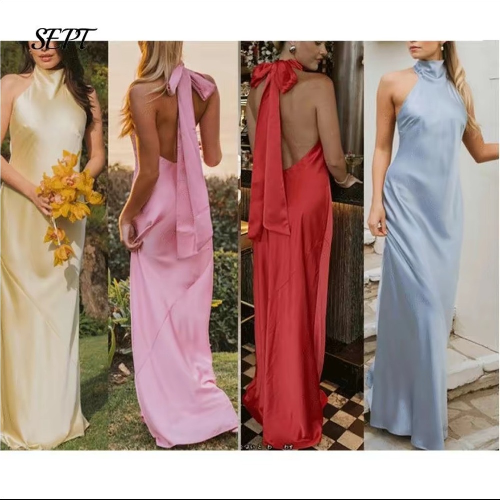 Satin Halter Backless Evening Dress IN BLUE !